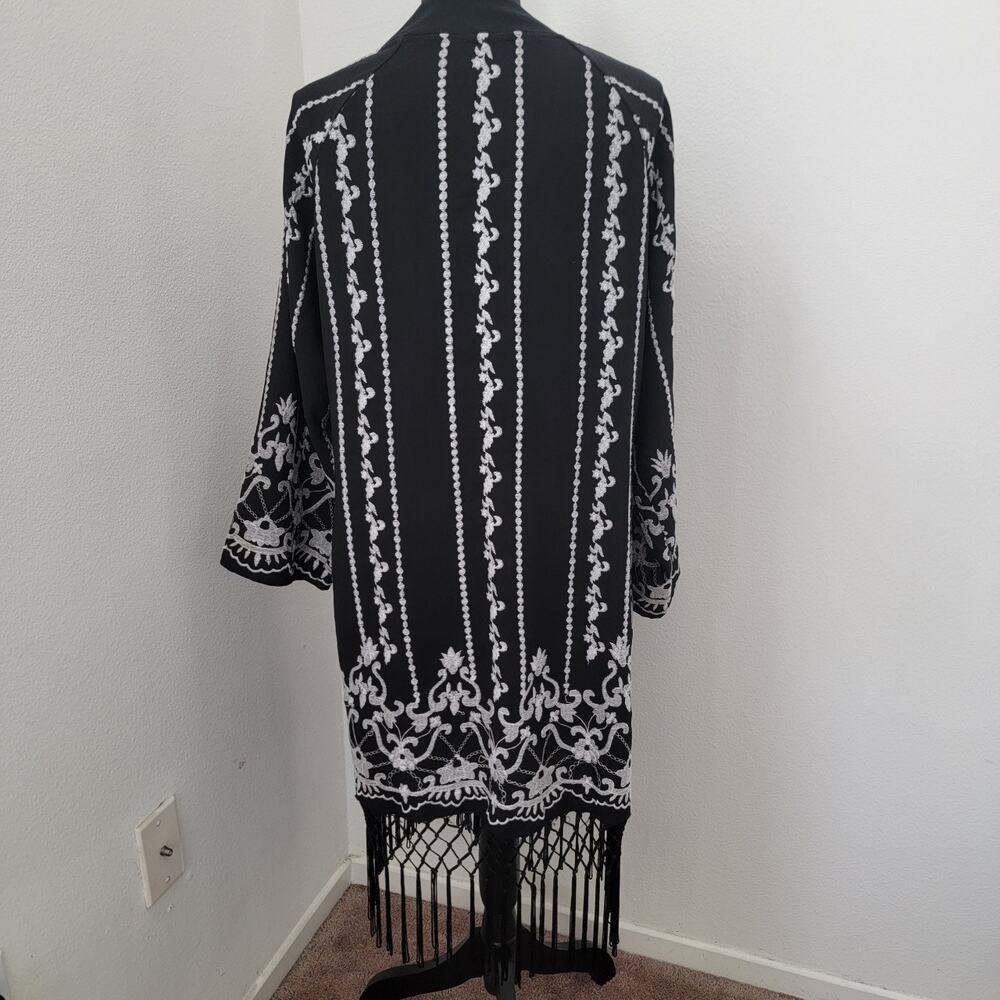 Topshop Kimono‎ Open Front Cardigan Embroidered Fringe Long Sleeve Witchy Sz 8 - Picture 2 of 15
